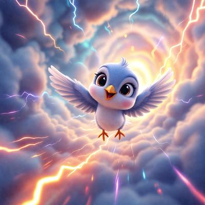 The primary subject of the image is a small bird, which is the main focus of the scene. The bird is flying through a cloudy sky, with its wings spread wide. The setting is a cloudy background, which adds to the overall atmosphere of the image. The visual style of the image is a combination of photo and digital art, creating a unique and vibrant scene. The colors in the image are predominantly shades of blue and white, which contribute to the overall mood of the image.